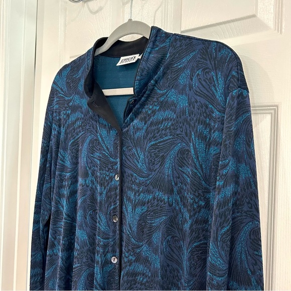 Chico's Design Peacock Slinky Button Up Jacket Top Size 3 Blue Turquoise Black - Picture 1 of 13